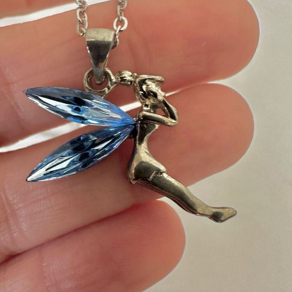 Silver tone and blue tinker bell pendant necklace